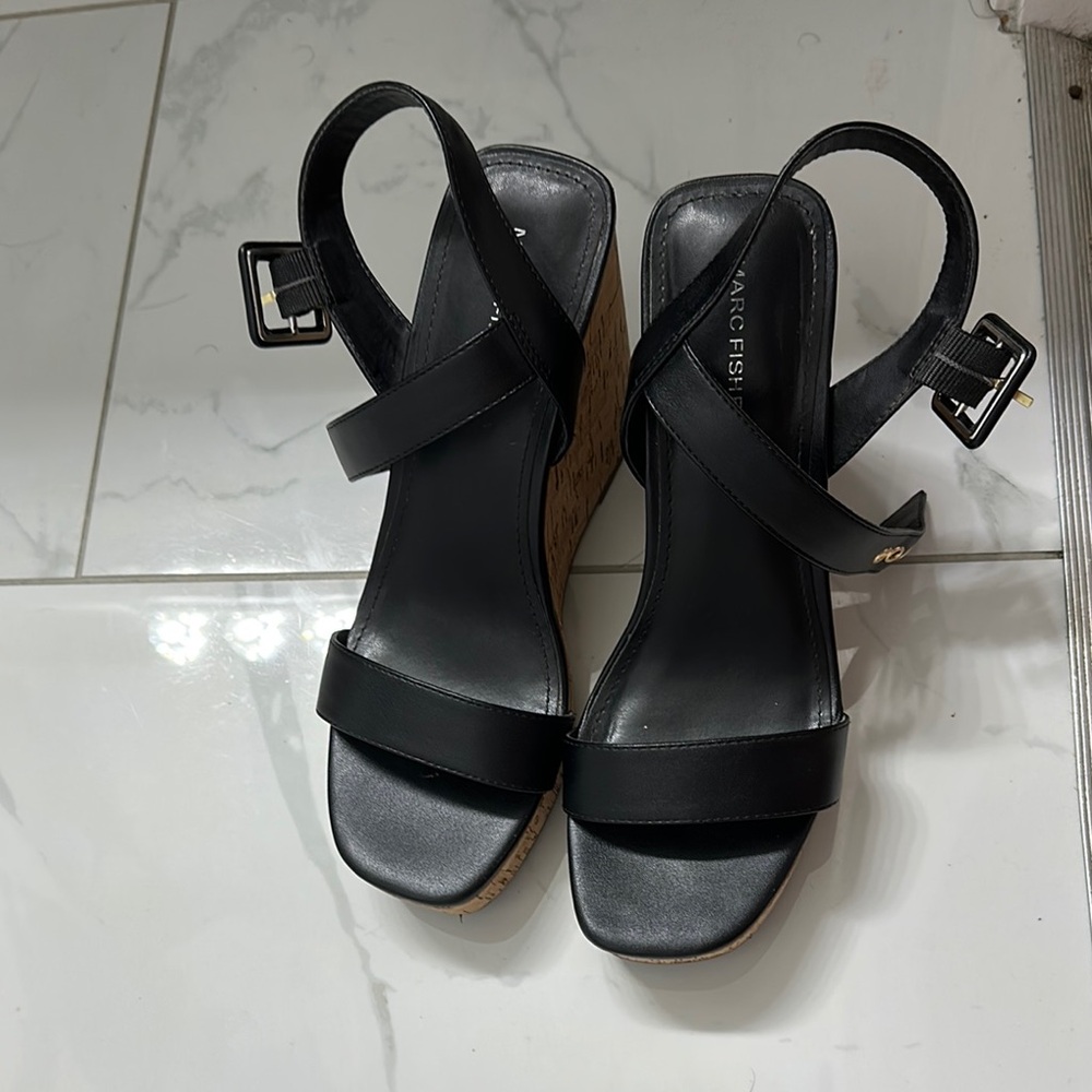 Marc Fisher Black Wedge Sandals with Adjustable Ankle Strap